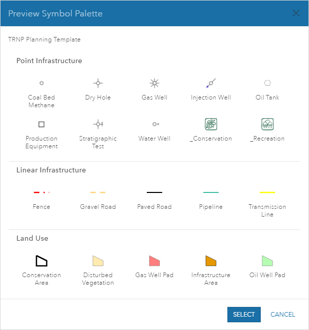 Preview Symbol Palette dialog box with a list of feature templates Preview Symbol Palette dialog box with a list of feature templates